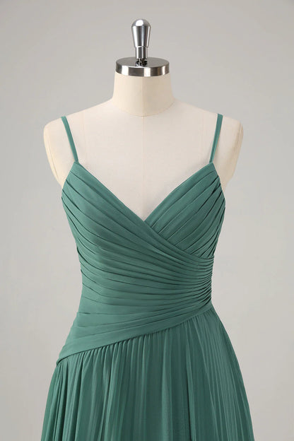 Eucalyptus A-Line Spaghetti Straps Pleated Chiffon Bridesmaid Dress With Slit