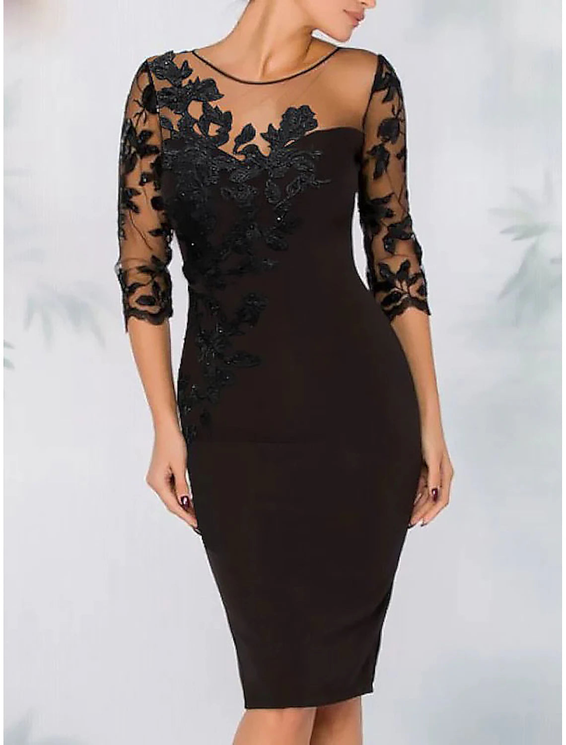 Sheath Cocktail Elegant Dress Fall Wedding Guest Dress Long Sleeve Black Dress Midi Dress Floral Embroidery Illusion Neck With Beading Lace dress