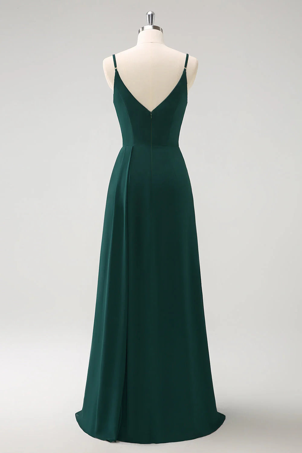 Dark Green A Line Spaghetti Straps Ruched Long Bridesmaid Dress with Slit