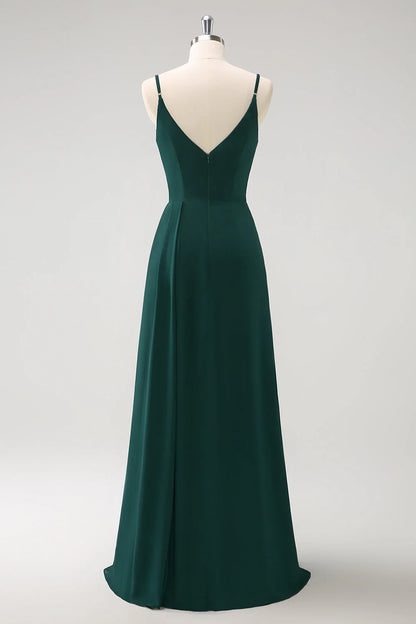 Dark Green A Line Spaghetti Straps Ruched Long Bridesmaid Dress with Slit