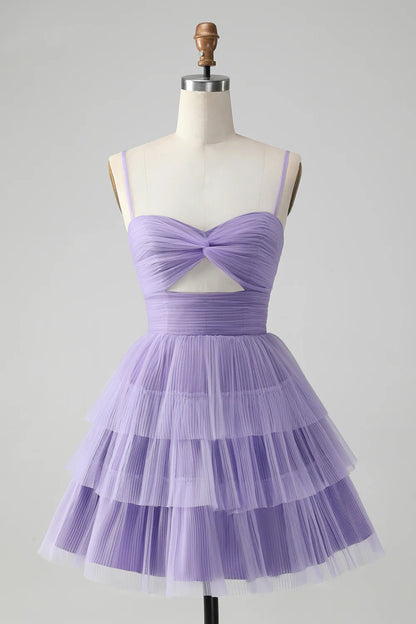 Cute Purple A Line Spaghetti Straps Short Tiered Homecoming Dress with Hollow Out