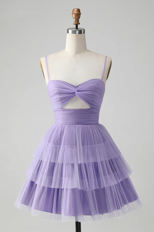 Cute Purple A Line Spaghetti Straps Short Tiered Homecoming Dress with Hollow Out