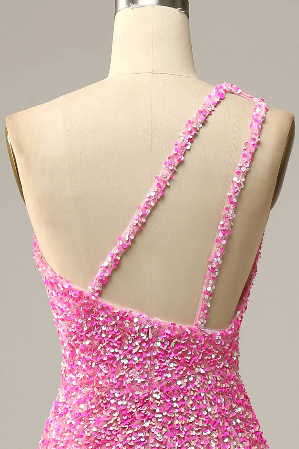 One-Shoulder Sequins Fuchsia Prom Dress With Slit