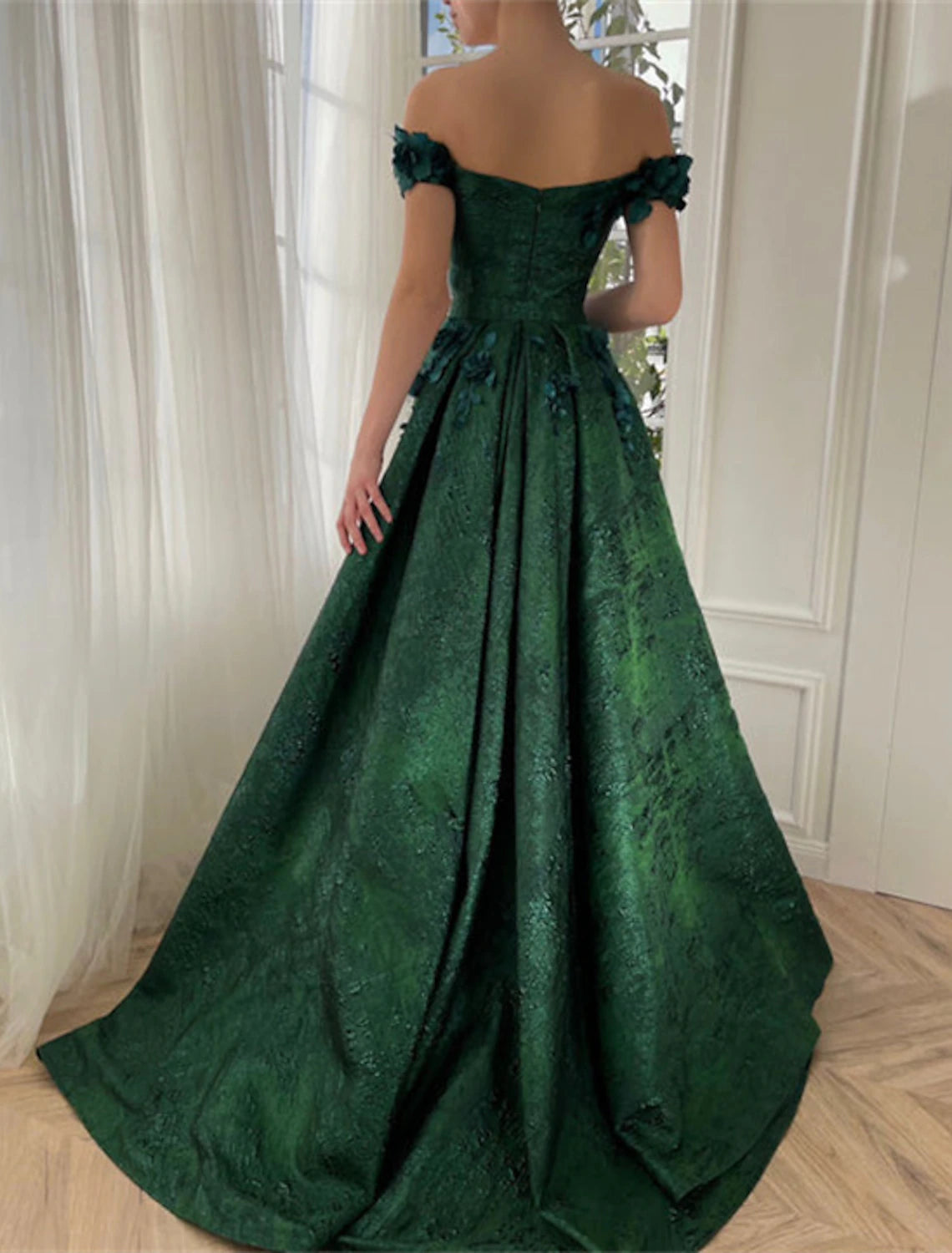 A-Line Prom Dresses Floral Dress Wedding Guest Wedding Party Court Train Sleeveless Off Shoulder Satin with Slit Appliques