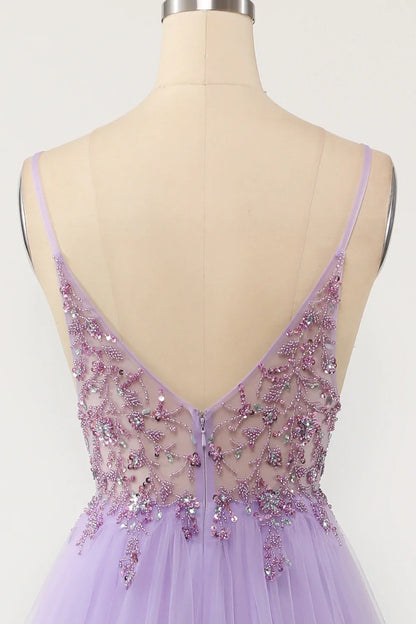 Purple Beaded Tulle Spaghetti Straps Long Prom Dress