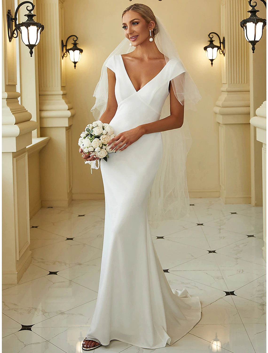 Reception Simple Wedding Dresses Mermaid / Trumpet V Neck Cap Sleeve Sweep / Brush Train Stretch Fabric Bridal Gowns With Draping Solid Color