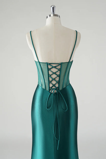 Dark Green Mermaid Satin Corset Prom Dress with Slit