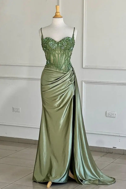 Silver Spaghetti Straps Mermaid Appliqued Prom Dress With Split