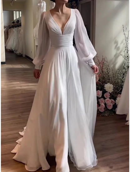 Simple Wedding Dresses Little White Dresses Wedding Dresses A-Line V Neck Long Sleeve Court Train Chiffon Bridal Gowns With Pleats Ruched