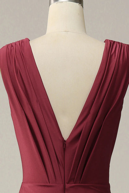 Burgundy Deep V Neck Ruched Prom Dress