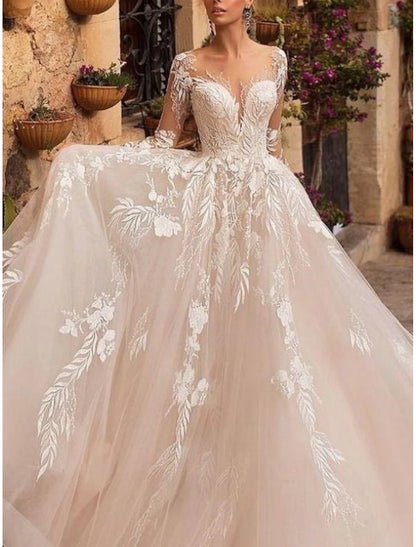 Formal Wedding Dresses A-Line V Neck Long Sleeve Court Train Tulle Bridal Gowns With Pleats Appliques