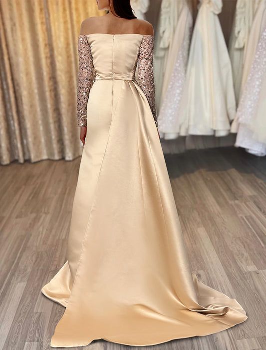 Mermaid Black Dress Evening Dress Wedding Guest Sparkle & Shine Dress Formal Wedding Party Court Train Long Sleeve Off Shoulder Fall Wedding Reception Satin with Ruched Sequin