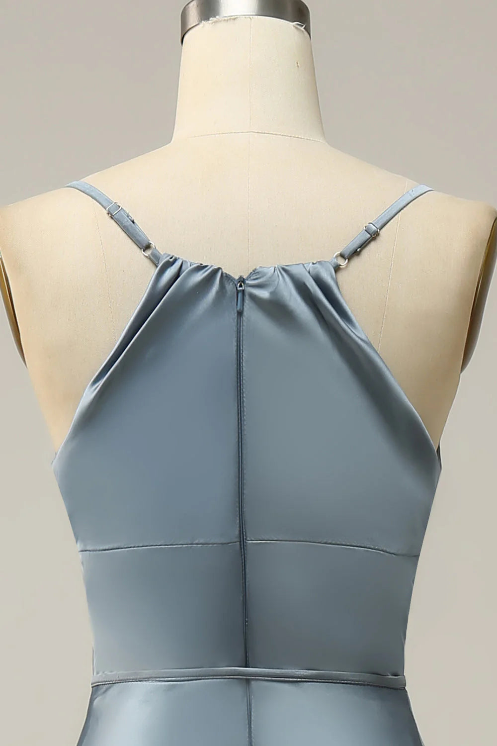 Spaghetti Straps Satin Grey Blue Prom Dress