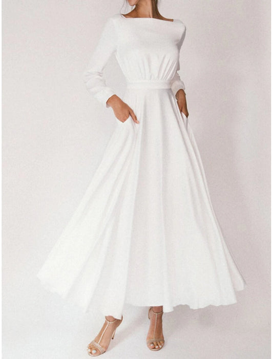 Bridal Shower Little White Dresses Casual Wedding Dresses A-Line Square Neck Long Sleeve Ankle Length Chiffon Bridal Gowns With Pleats
