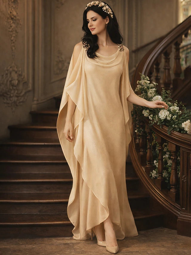 Sheath Column Floor Length Party Dress Cocktail Dress Wedding Guest Dress Mother of the Bride Dress Half Sleeve Jewel Neck Elegant Plus Size Wedding Guest Chiffon with Beading Cascading Ruffles