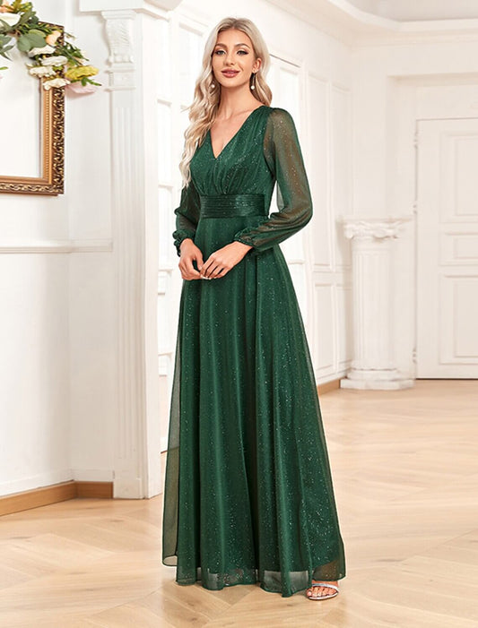 A-Line Chrismas Dress Evening Gown Sparkle & Shine Dress Formal Wedding Party Dress Floor Length Long Sleeve V Neck Chiffon with Sequin dress