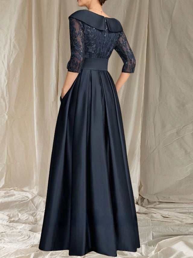 A-Line Mother of the Bride Dress Wedding Guest Elegant V Neck Floor Length Satin Lace 3/4 Length Sleeve with Lace Bow(s) Pleats