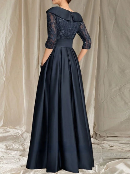 A-Line Mother of the Bride Dress Wedding Guest Elegant V Neck Floor Length Satin Lace 3/4 Length Sleeve with Lace Bow(s) Pleats