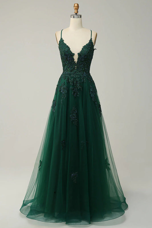 Dark Green Spaghetti Straps Appliques Tulle Prom Dress