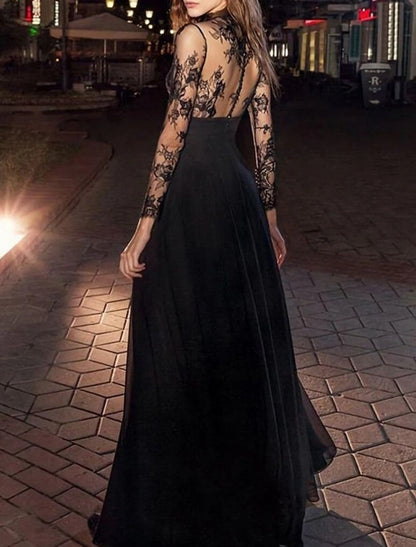 A-Line Evening Gown Vintage Dress Masquerade Floor Length Long Sleeve High Neck Black Dress Chiffon with Appliques dress