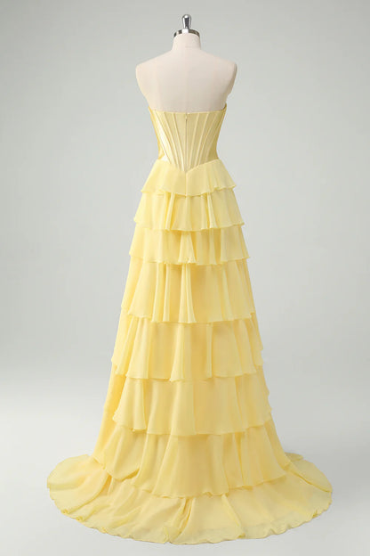 Yellow A-Line Tiered Sweetheart Long Prom Dress with Slit