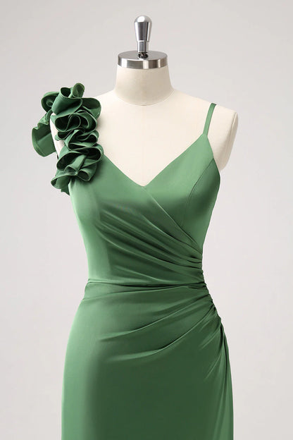 Olive Green Pleated Satin Bridesmaid Dress With Slit