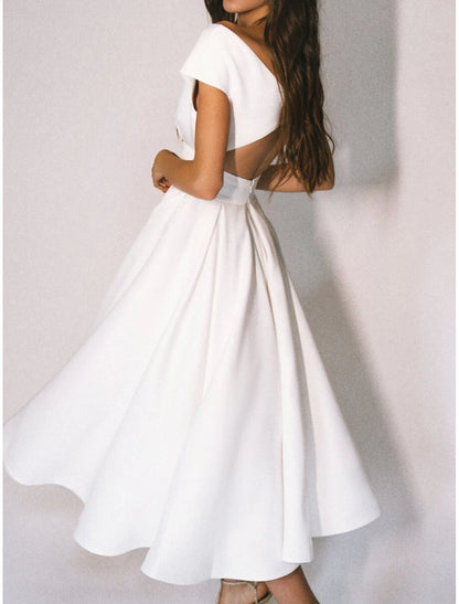 Reception Little White Dresses Casual Wedding Dresses A-Line V Neck Cap Sleeve Tea Length Chiffon Bridal Gowns With Pleats