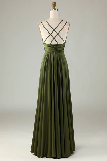 Simple Prom Dresses A-line Sleeveless Olive Long Bridesmaid Dress