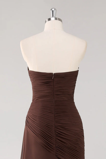 Dark Brown Sweetheart Ruched Long Formal Dress with Ruffles