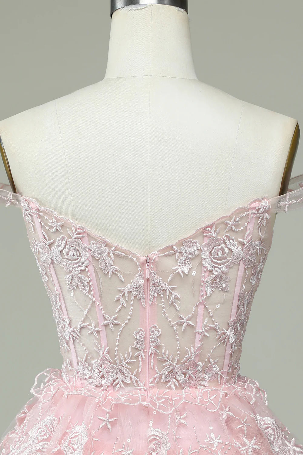 Pink Off the Shoulder Corset Homecoming Dress with Lace