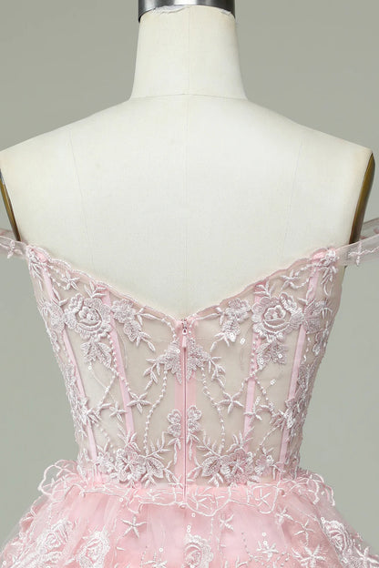Pink Off the Shoulder Corset Homecoming Dress with Lace