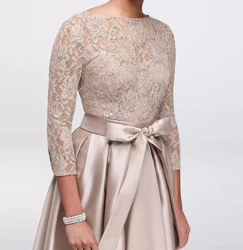 A-Line Mother of the Bride Dress Wedding Guest Elegant Plus Size High Low Jewel Neck Asymmetrical Satin Lace 3/4 Length Sleeve with Sash / Ribbon Appliques