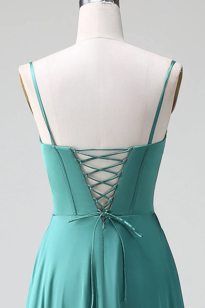 Eucalyptus A Line Spaghetti Straps Corset Pleated Satin Bridesmaid Dress