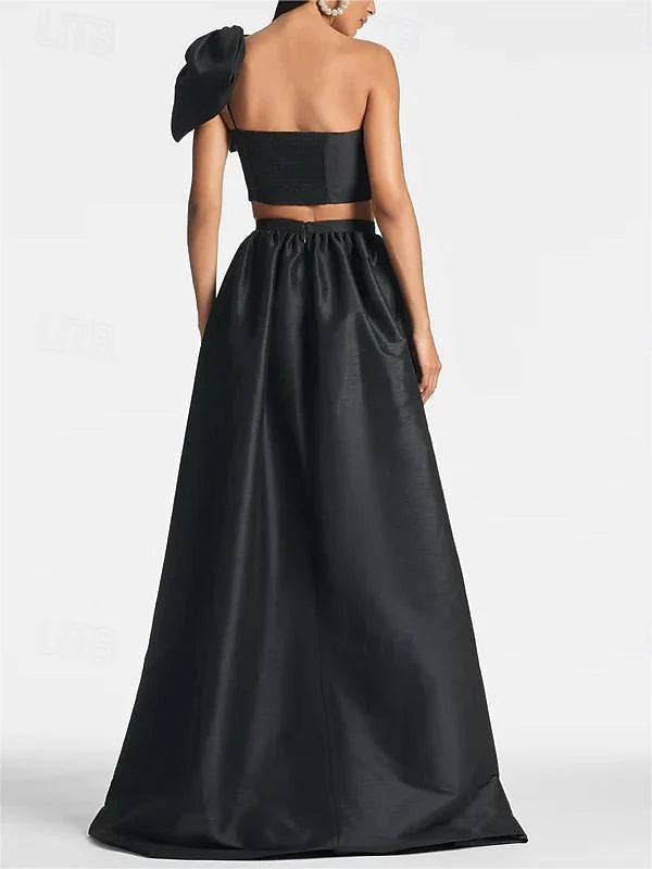 A-Line/Princess One Shoulder Floor Length Sleeveless Wedding Guest Dresses Satin with Tie Pocket Bow(s)