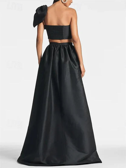 A-Line/Princess One Shoulder Floor Length Sleeveless Wedding Guest Dresses Satin with Tie Pocket Bow(s)