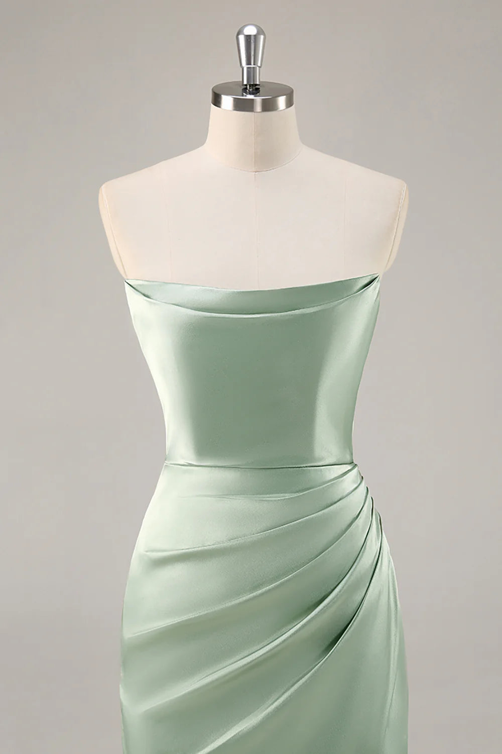 Sage Green Satin Strapless Ruched Long Bridesmaid Dress with Slit