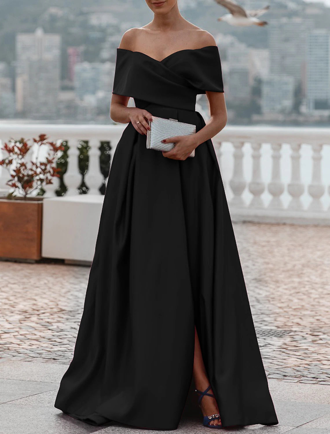 A-Line Evening Dress Wedding Guest Party Dress Celebrity Style Dress Formal Wedding Court Train Sleeveless Off Shoulder Bridesmaid Dress Satin with Ruched Slit dress