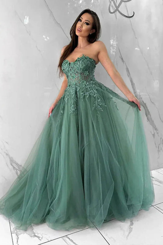 Long Ball Gown Sweetheart Tulle Formal Prom Dress with Appliques Lace