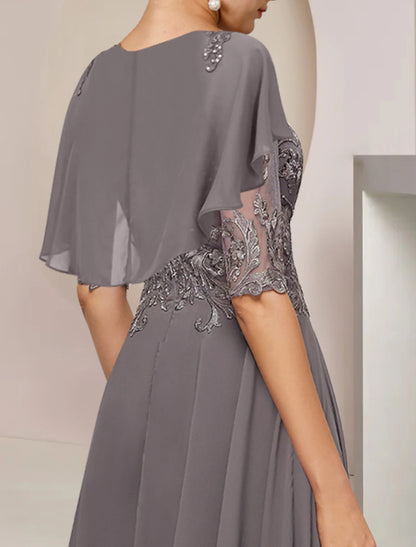 A-Line Mother of the Bride Dress Formal Wedding Guest Elegant Scoop Neck Asymmetrical Tea Length Chiffon Lace Half Sleeve with Beading Appliques dress