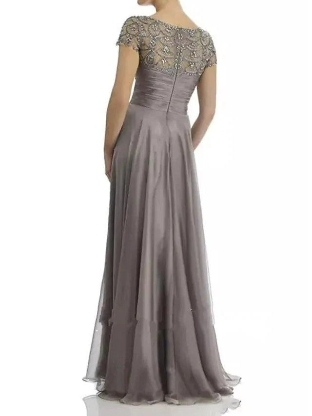 A-Line Mother of the Bride Dress Elegant Jewel Neck Floor Length Chiffon Satin Short Sleeve with Beading Sequin Draping