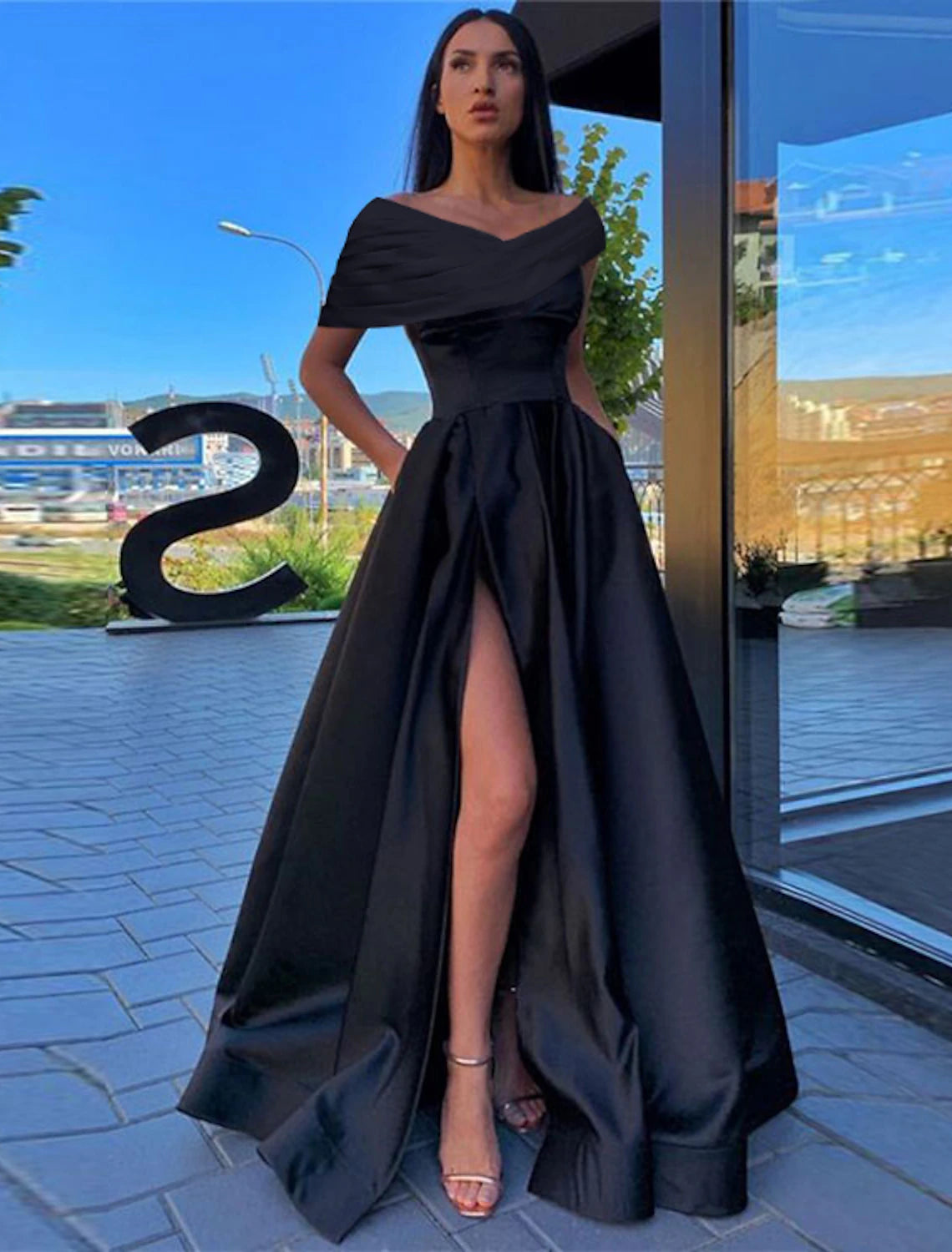 A-Line Prom Dresses Black Dress Formal Wedding Party Floor Length Short Sleeve Off Shoulder Satin with Ruched Slit dress to impress