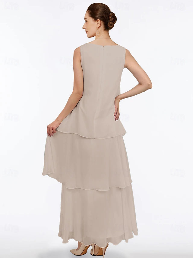 Beach Wedding Sheath Mother of the Bride Dress Elegant Simple V Neck Ankle Length Chiffon Sleeveless with Tier Solid Color
