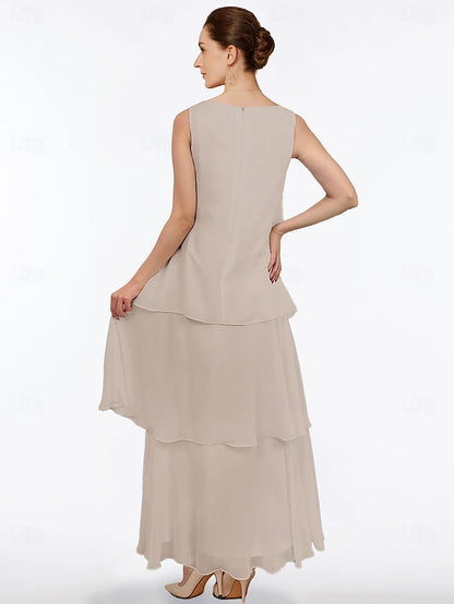 Beach Wedding Sheath Mother of the Bride Dress Elegant Simple V Neck Ankle Length Chiffon Sleeveless with Tier Solid Color