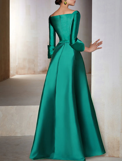 A-Line Evening Gown Elegant Dress Formal Wedding Guest Floor Length 3/4 Length Sleeve V Neck Satin with Bow(s) Christmas Dress