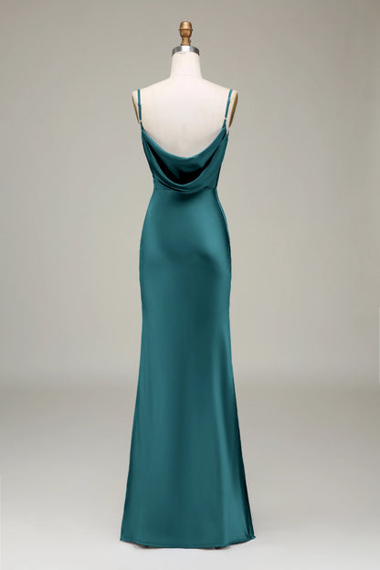 Satin Sheath Spaghetti Straps Long Bridesmaid Dress