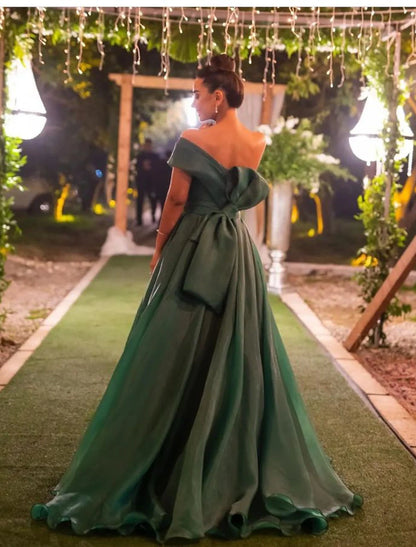 A-Line Evening Gown Red Green Dress Wedding Guest Prom Sweep / Brush Train Short Sleeve One Shoulder Organza with Ruched Slit dress