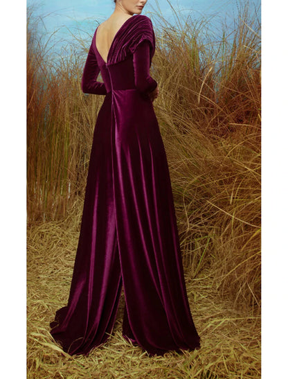 Jumpsuits Evening Gown Elegant Dress Formal Evening Sweep / Brush Train Long Sleeve Sweetheart Fall Wedding Guest Velvet V Back with Pleats Slit dress