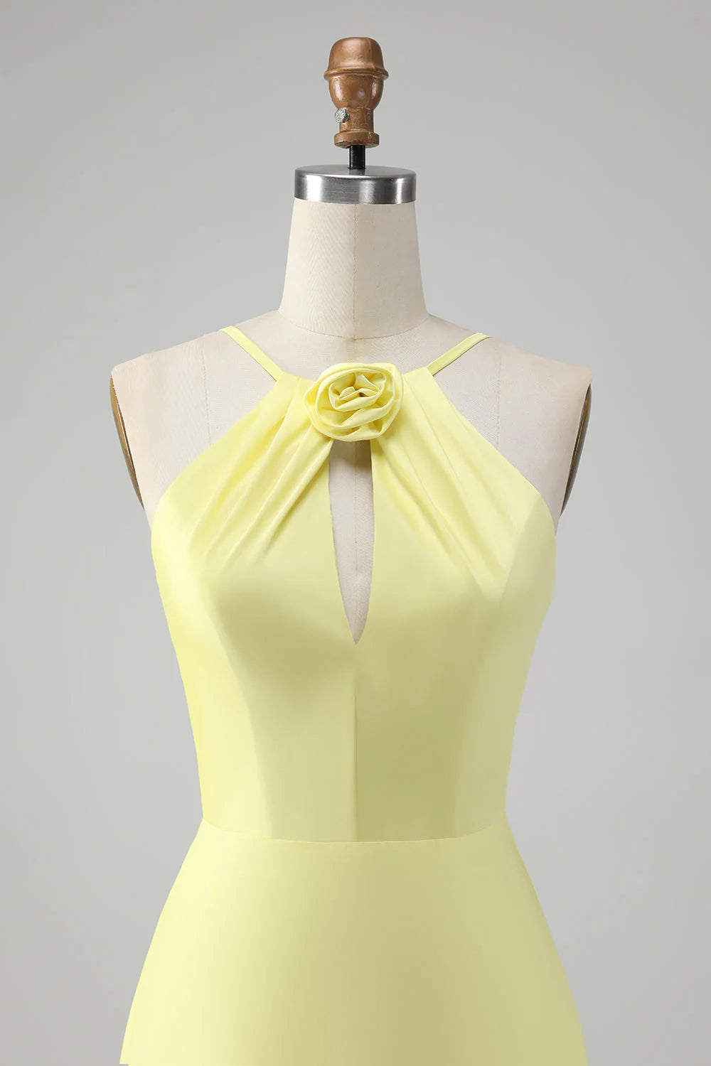 Yellow A Line Halter Cut Out Long Bridesmaid Dress With Flower