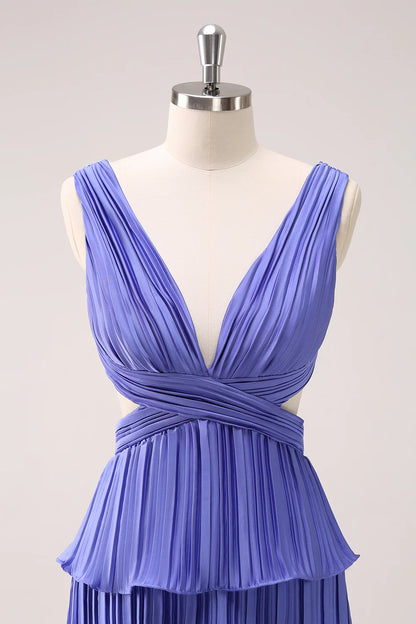 Purple Chiffon Ruffled Long Bridesmaid Dress With Slit