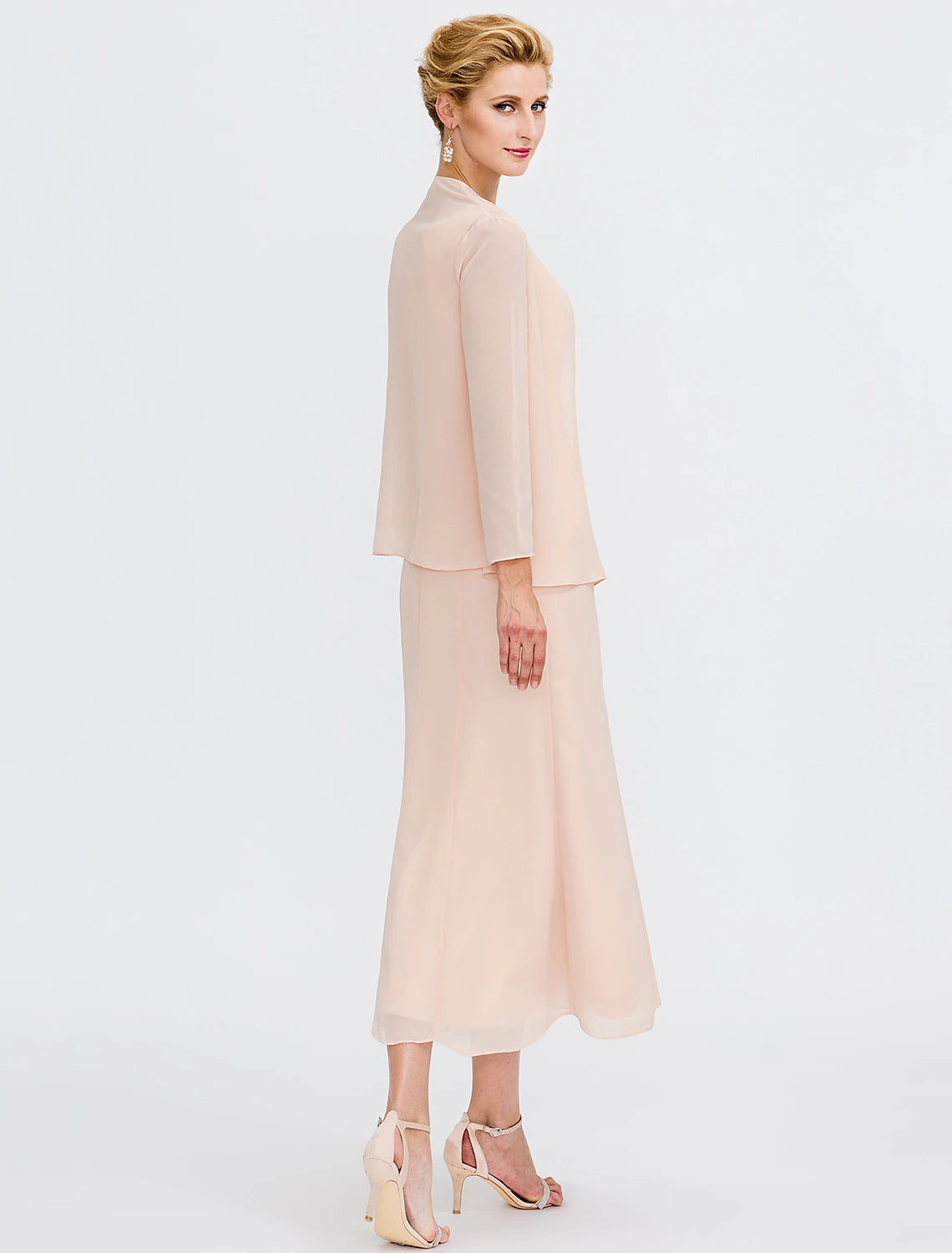 Beach Wedding Two Piece Sheath Mother of the Bride Dress Wedding Guest Elegant Plus Size Jewel Neck Tea Length Chiffon Sleeveless Wrap Included with Sash / Ribbon Pleats Beading